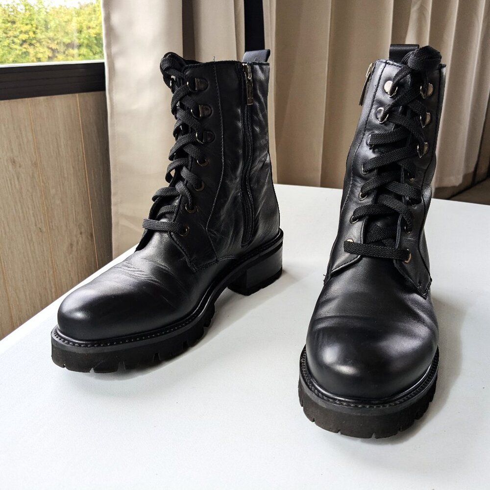 La Canadienne sz 7 Clover Black Leather Lace-Up Combat Boot 8"